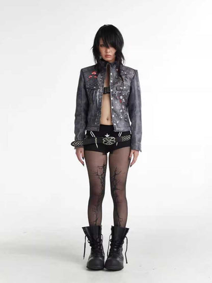 Retro distressed punk leather jacket