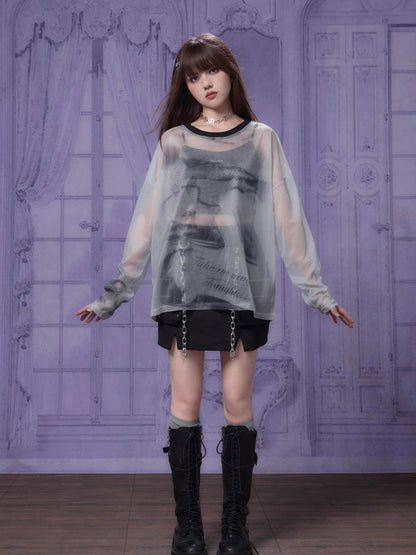 Printed mesh long sleeve T-shirt