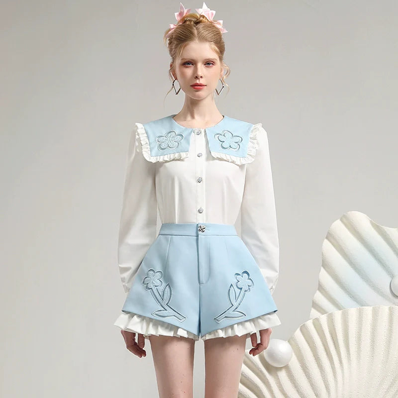 Sweet doll collar hollow embroidery two-piece set