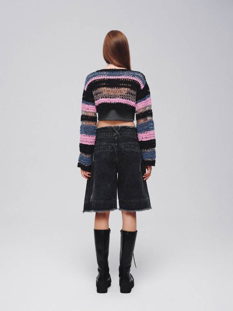 Mixed color striped short sweater