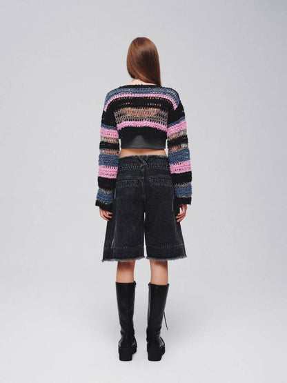 Mixed color striped short sweater