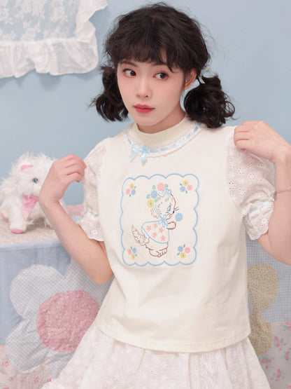 Puff sleeve cat short sleeve T-shirt