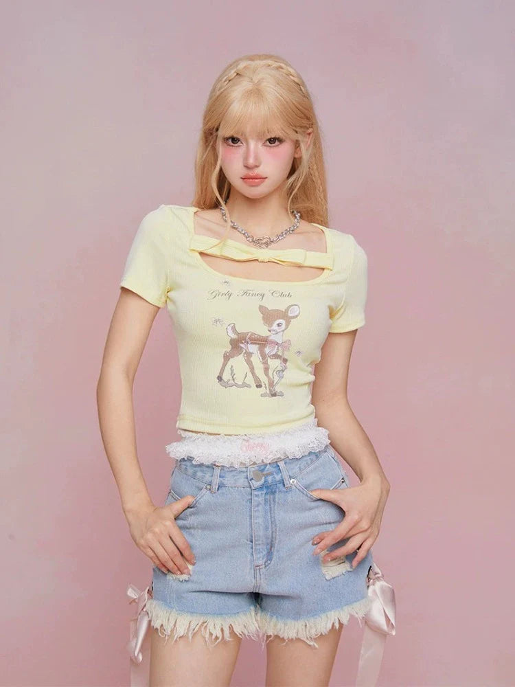 U-neck ribbon short-sleeve T-shirt