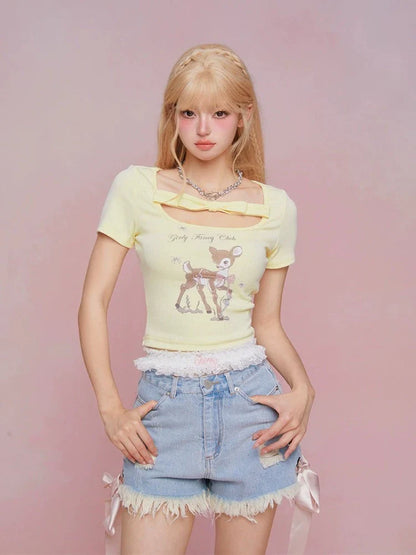 U-neck ribbon short-sleeve T-shirt