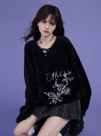 Black V-Neck Jacquard Mink Sweater