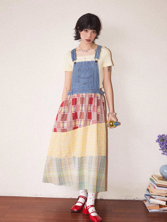 Denim-Patchwork-Trägerkleid 