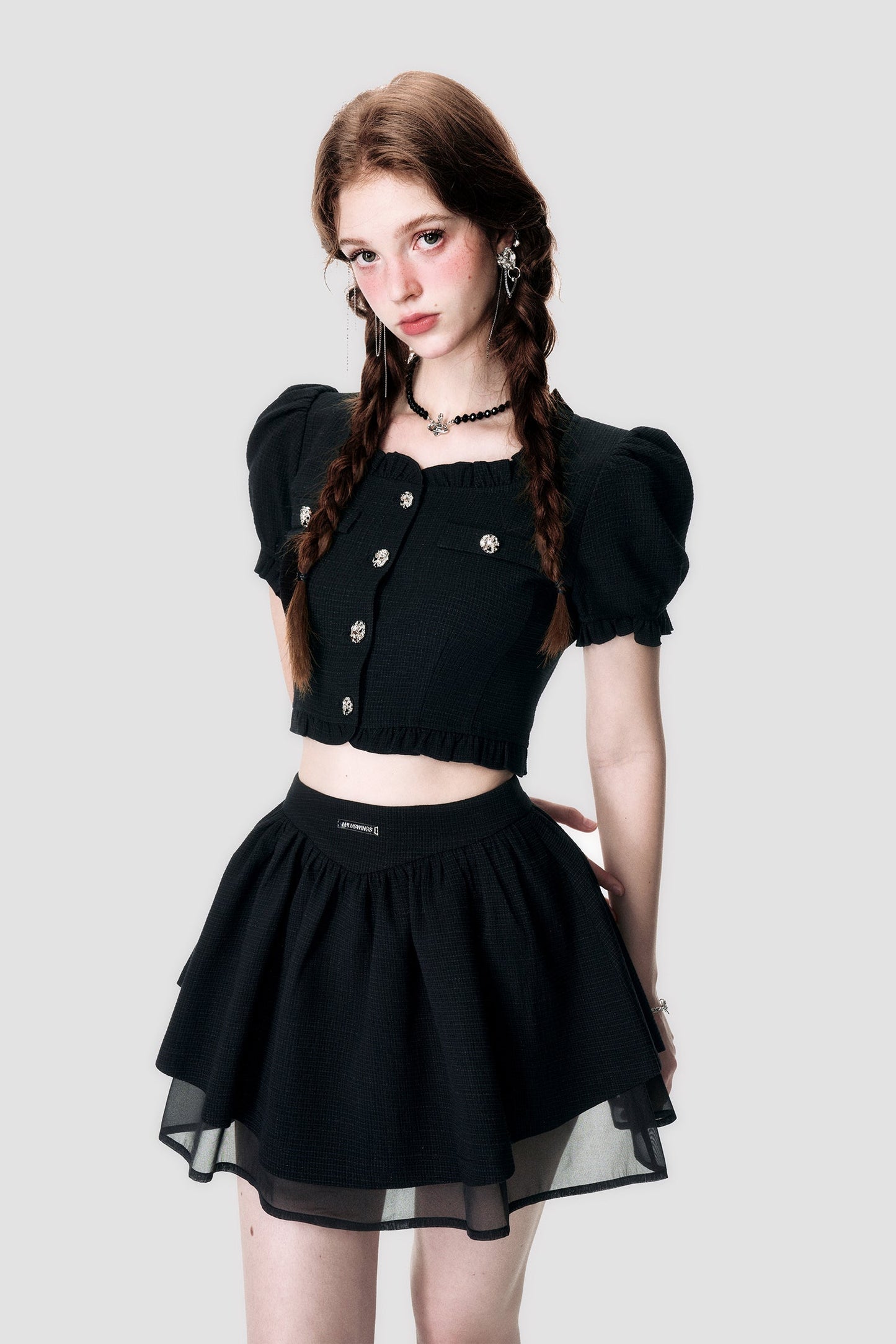 Cropped Puff Sleeve Top Sheer A-Line Skirt