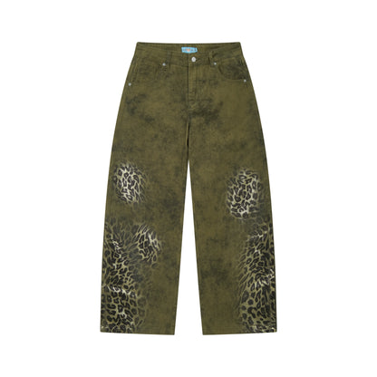 Cotton Washed Leopard Print Denim Pants