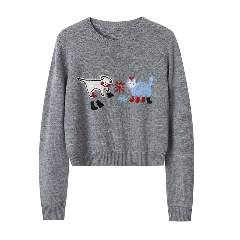 Kitten And Puppy Embroidered Wool Blend Knit Sweater