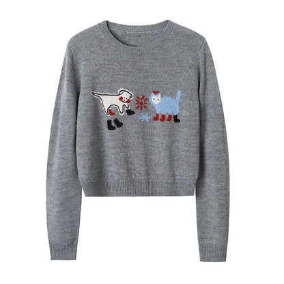 Kitten And Puppy Embroidered Wool Blend Knit Sweater