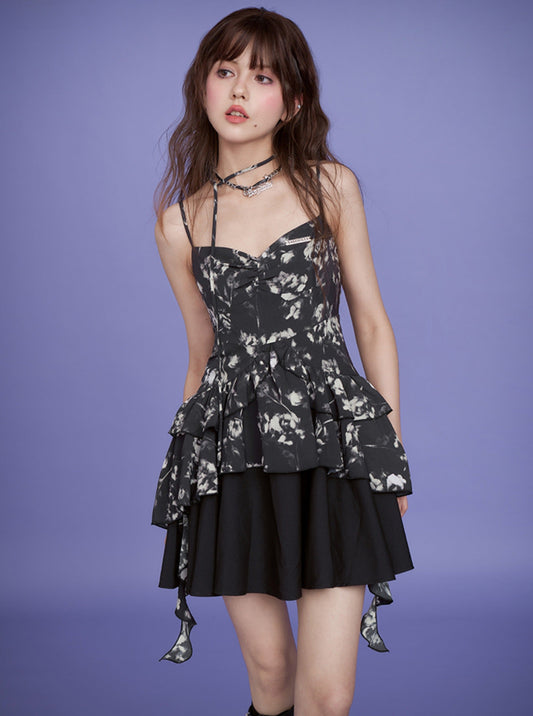 Black Printed Strap Dress