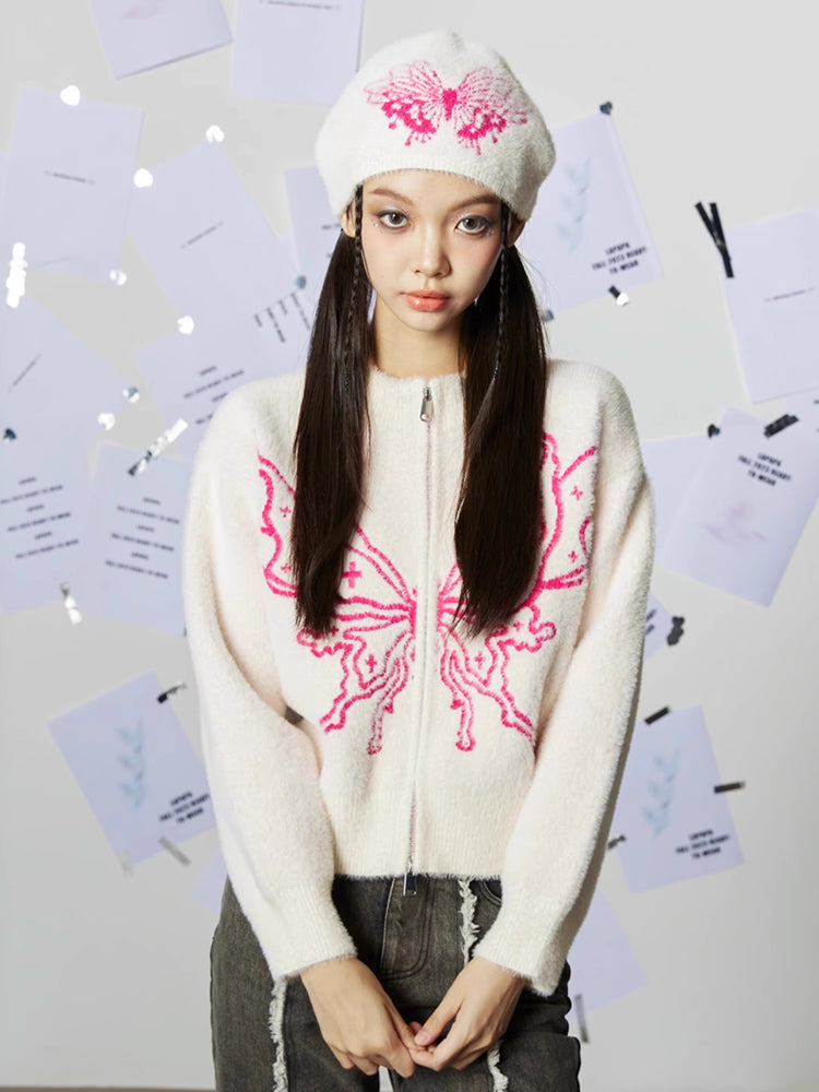 Round neck butterfly sweater + hat