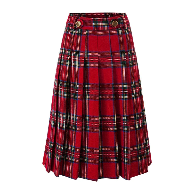 Fur Collar Tops Red Plaid Skirt 2-piece Set