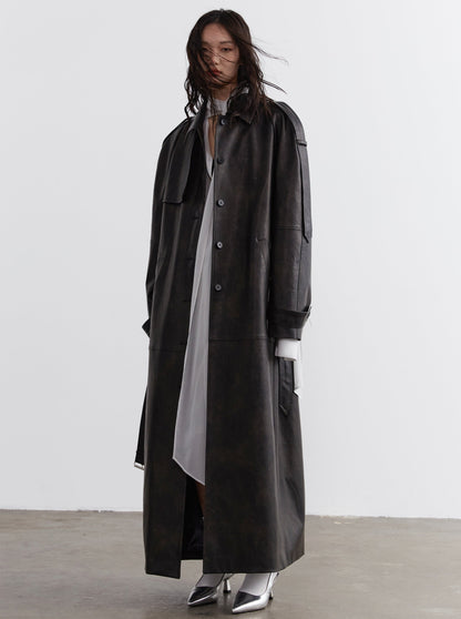 leather heavy maxi trench coat