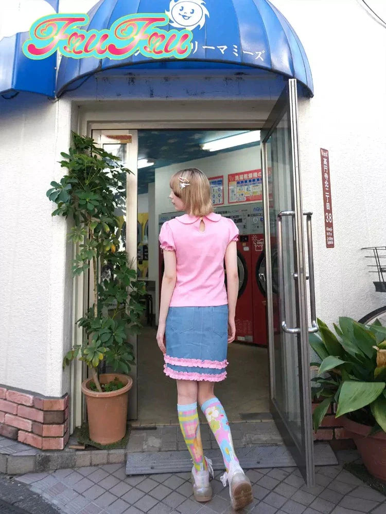 Pink check print denim skirt