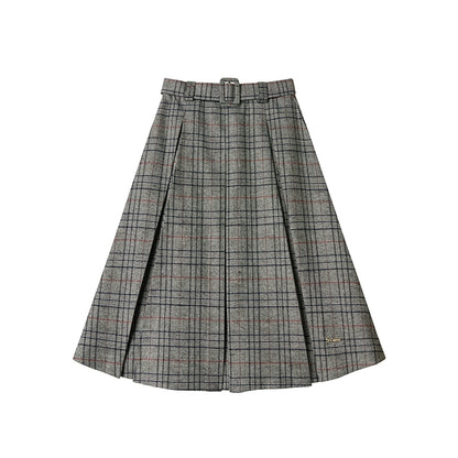 Vintage Gray Plaid Midi Pleated Skirt