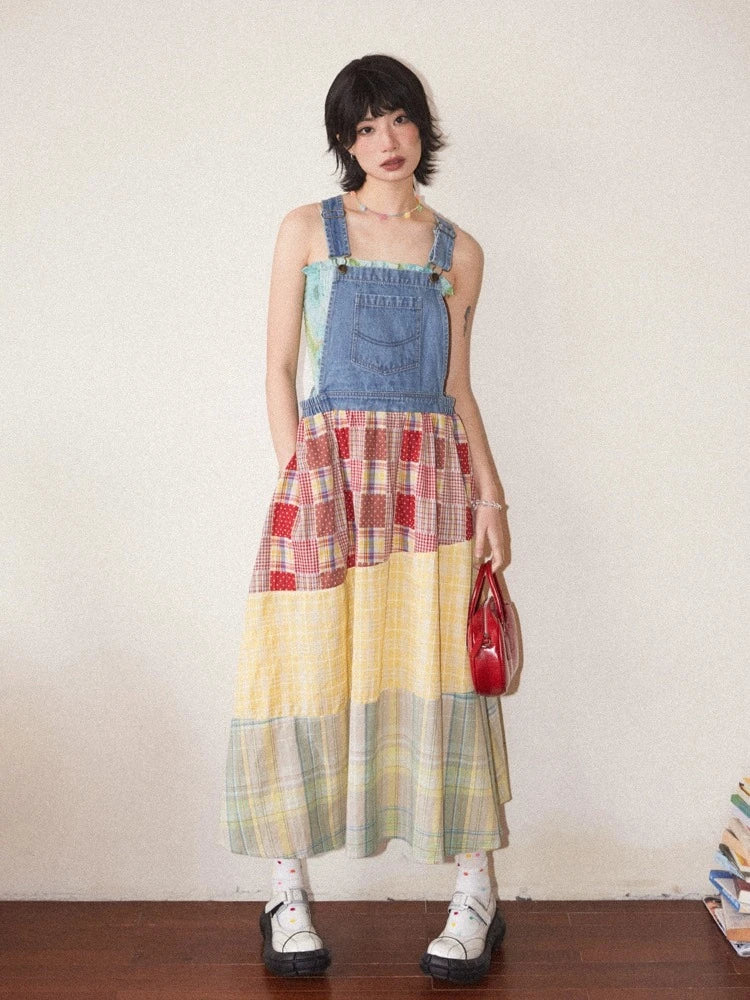 Denim patchwork suspender dress