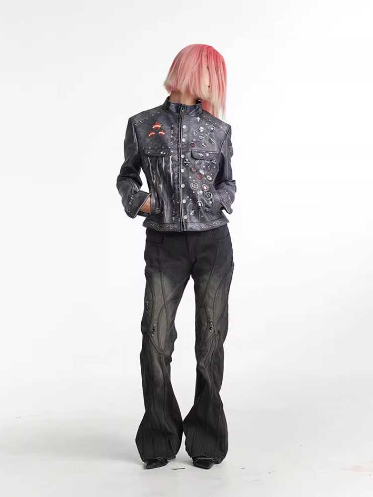 Retro distressed punk leather jacket