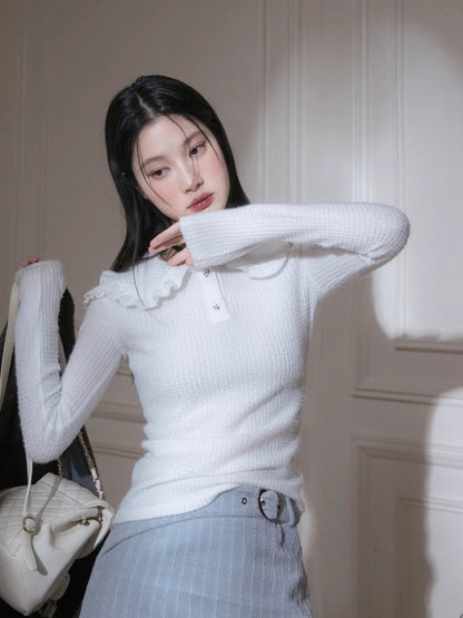 Frilled collar knit stretch shirt