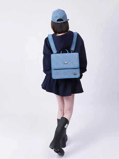 Plaid denim one-shoulder backpack