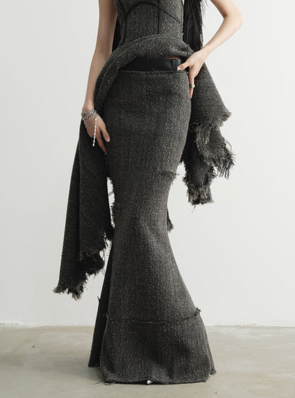 Retro raw edge maxi skirt