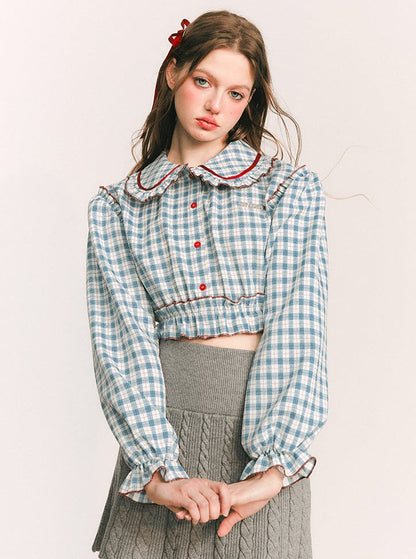 Puff sleeves short plaid shirt