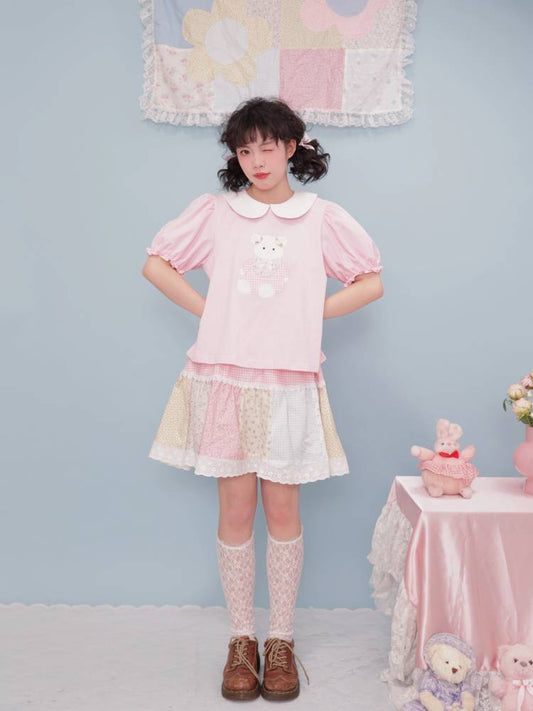 Rosa kurzärmliges Babydoll-Shirt 