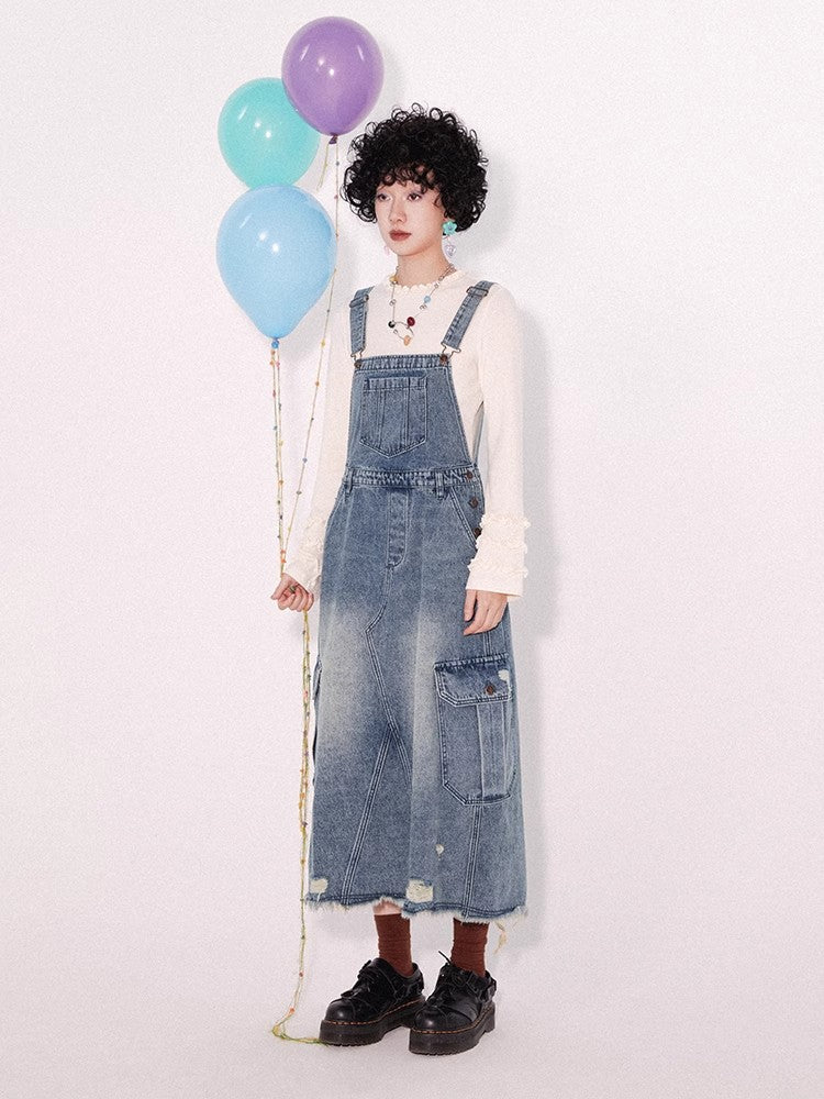 Loose denim suspender skirt