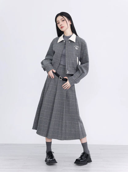 Two-piece Gray Plaid Cotton Jacket Skirt Set