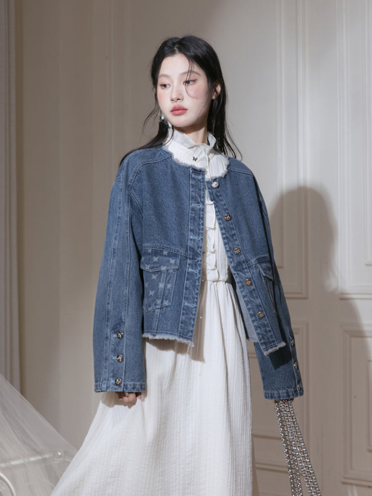 Denim jacket + suspenders skirt