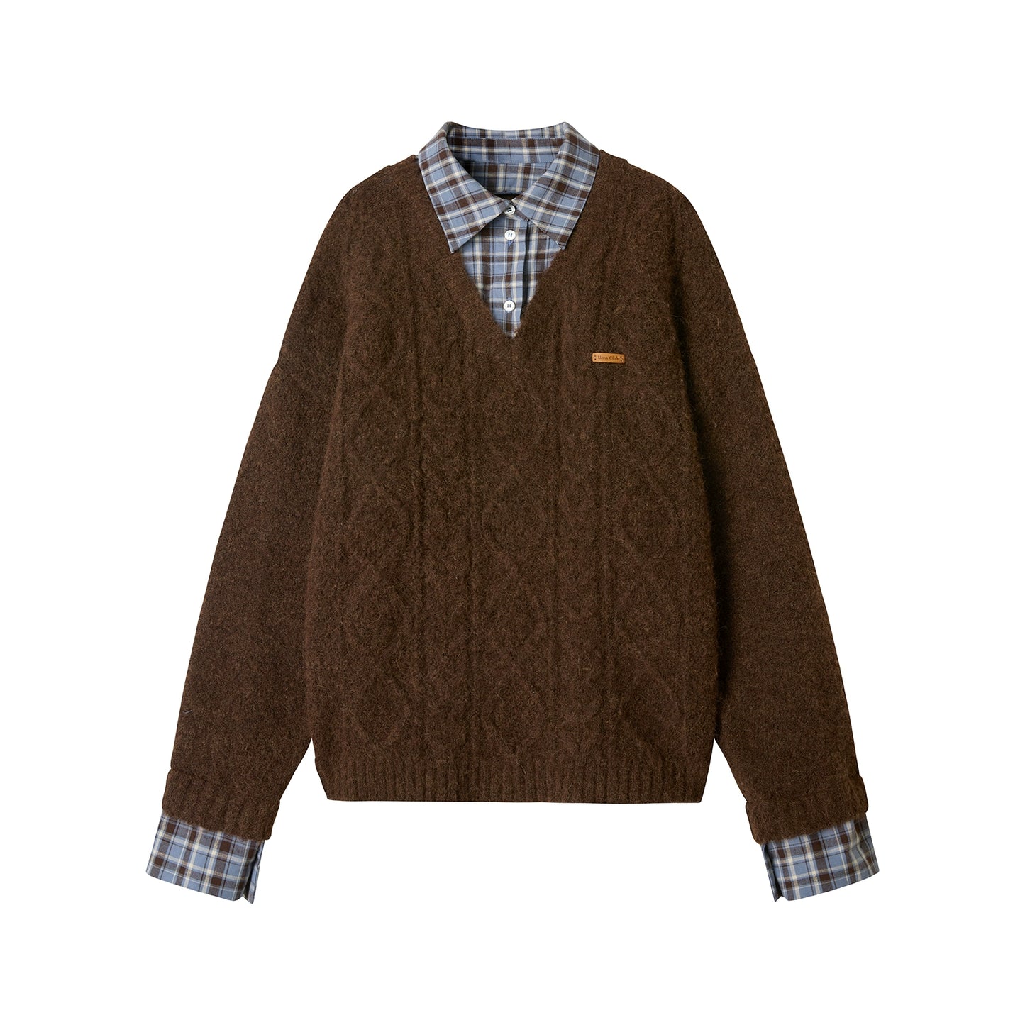 Brown Fake Two-Piece Plaid Shirt