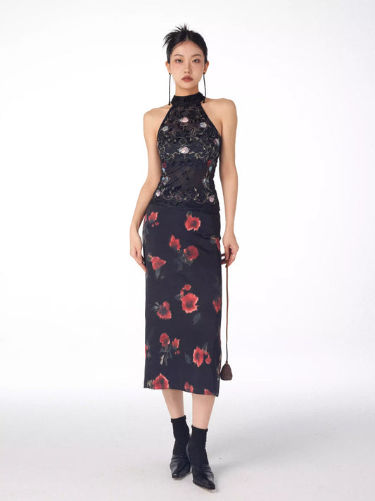 Floral romantic print long skirt