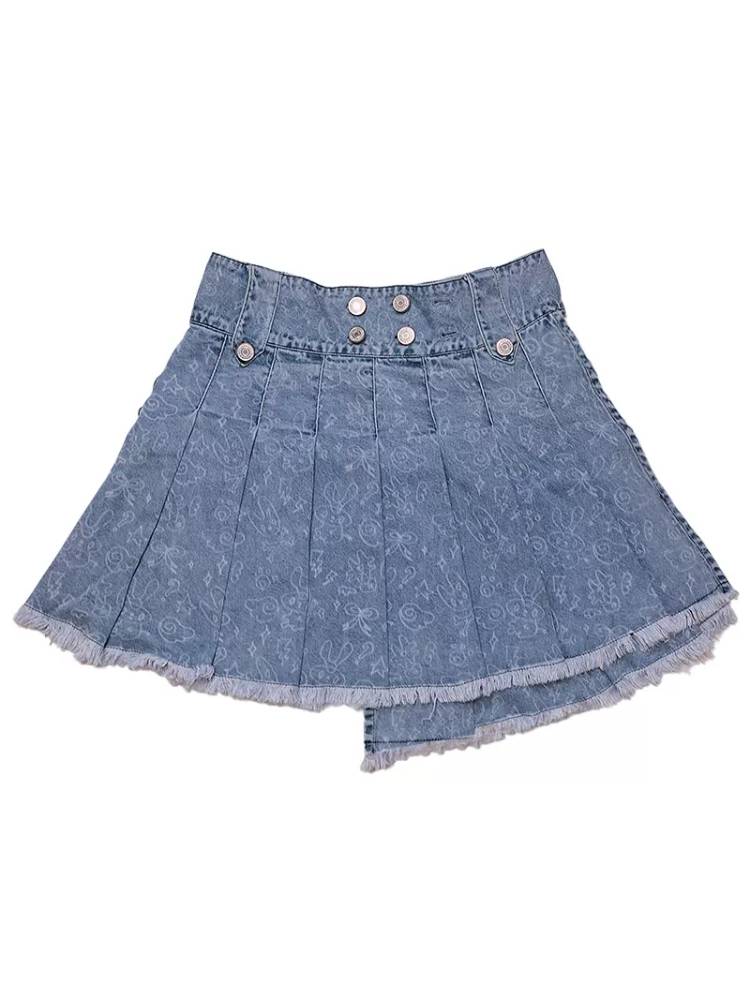 Pleated short denim skirt