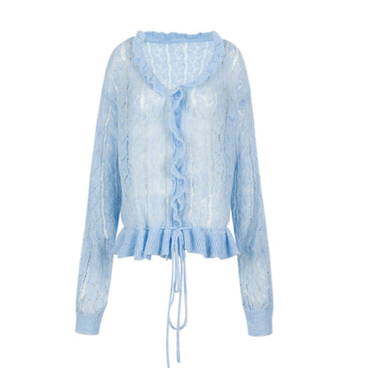 Knit Ruffled Cut Out Blouse