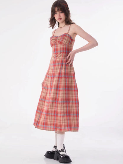 Retro plaid suspender dress