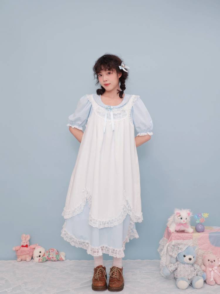 Antique girly floral embroidered light blue dress