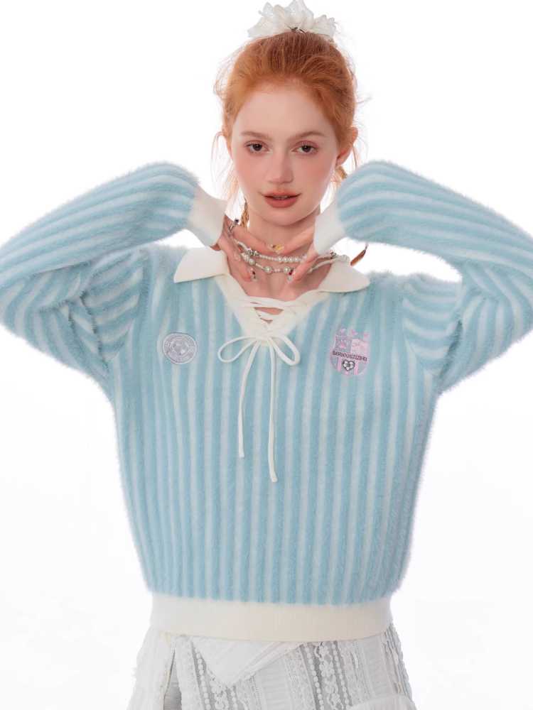 Striped polo collar sweater