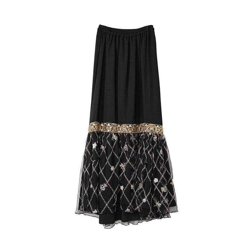 Fall Black Patchwork Mesh Skirt