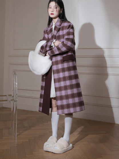 Rose plaid wool long jacket