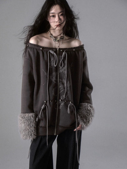 Fur and velvet hooded sweatshirt