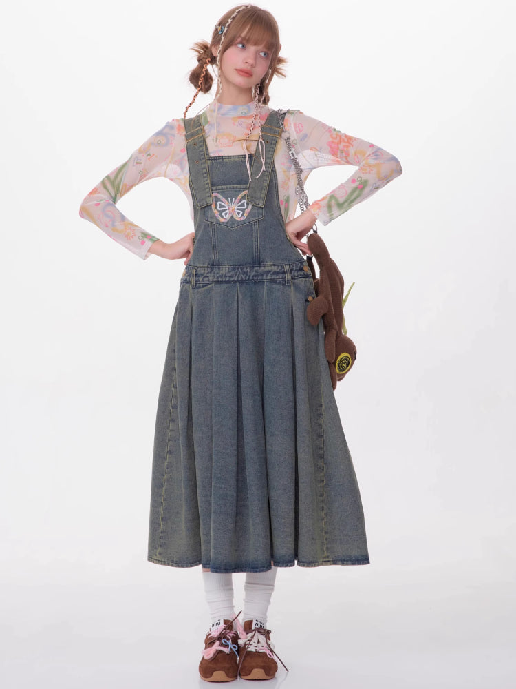 Denim suspender skirt