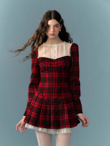 Red lace plaid skirt dress