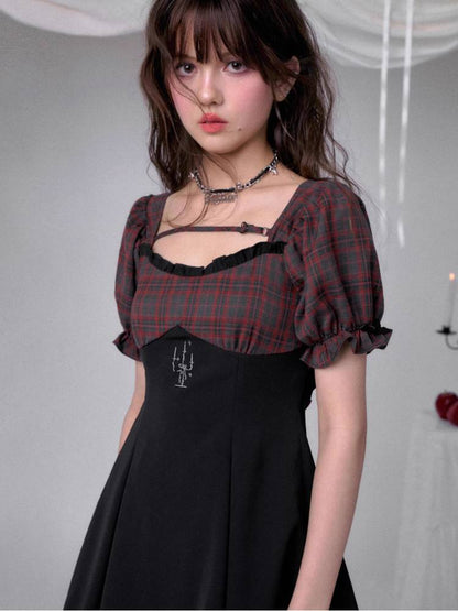 Plaid puff sleeve backless dress