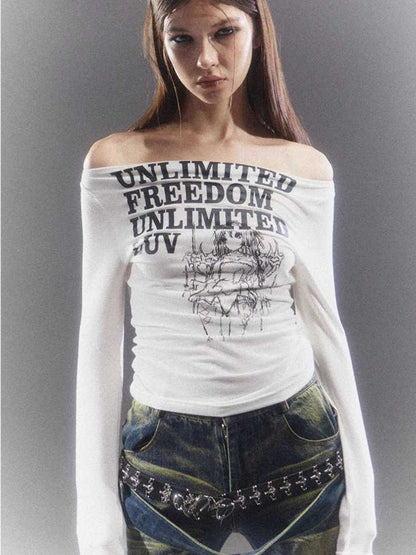 Off shoulder long sleeve T-shirt