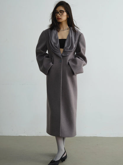 Ultra-low neckline spliced scarf woolen coat