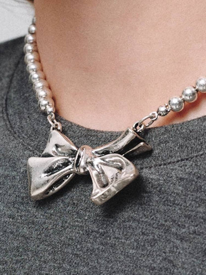 Retro silver ribbon earrings + necklace + pendant