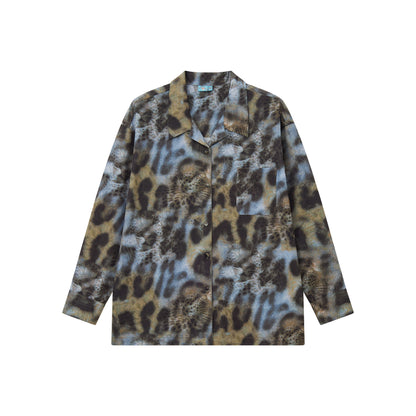 Vintage Leopard Print Cuban Collar Long-Sleeved Shirt