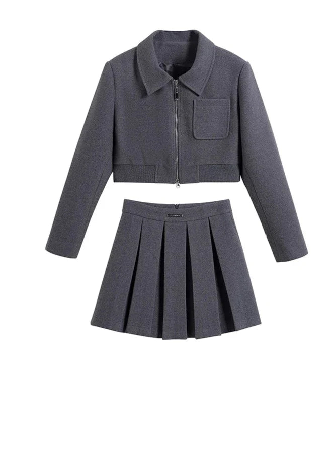 Simple tweed thick jacket short skirt