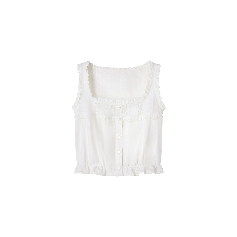 Square-Neck Vest Cropped A-Line Puffed Skirt Set-Up