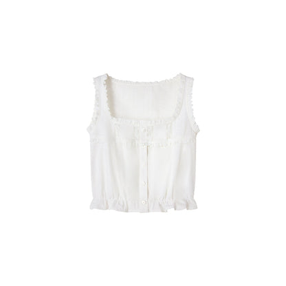 Square-Neck Vest Cropped A-Line Puffed Skirt Set-Up